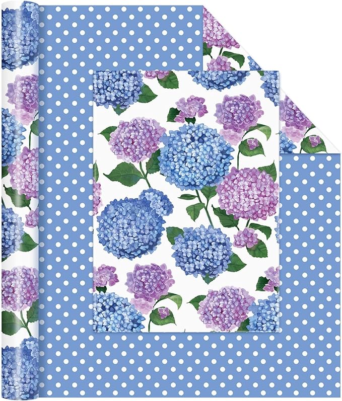 WERNNSAI Floral Wrapping Paper - 1 Roll 17”x 33 ft Blue Hydrangea Flower Wrapping Paper for Women Girls Birthday Supplies Floral Gift Wrap for Wedding Bridal Shower Party Favor