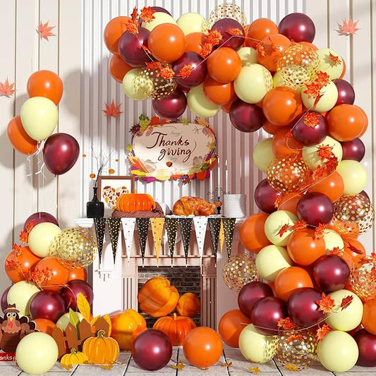 Fall Balloon Arch Kit, Fall Birthday Party Decorations, Orange Burgundy Yellow Gold Confetti Balloons Garland Kit with 6.5 Ft Maple Leaves for Home Thanksgiving Autumn Baby Shower Party Decor Supplies