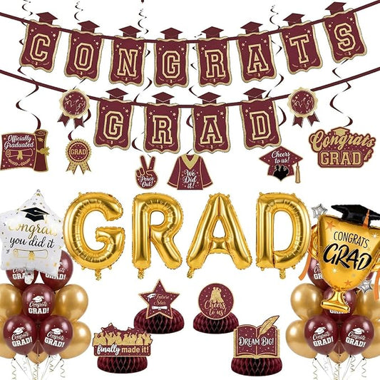 Maroon Gold Balloons Burgundy GRAD Print Balloons with Banner Table Honeycomb Centerpieces Hanging Swirl trophy star GRAD Letters Mylar Balloons for 2026 graduate Prom Decorations