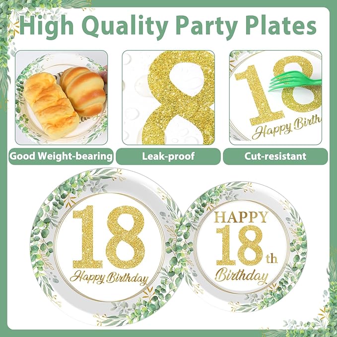 Qyeahkj 100 Pcs 18th Birthday Decorations Party Tableware Set Greenery Eucalyptus Paper Plates Sage Green Plates Forks and Napkins 18th Birthday Party Decors for 18 Years Girls Women Serve