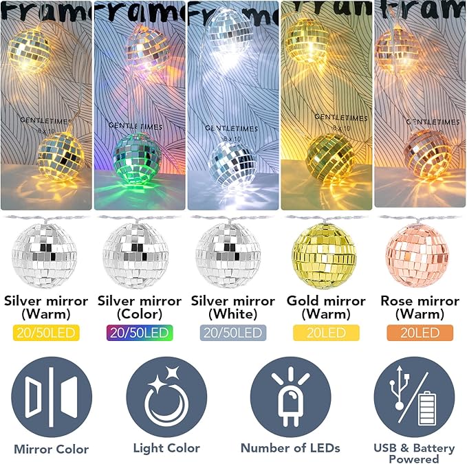 AceList 50 LED 16.4Ft Disco Ball String Light - Battery Powered and USB Plug, Disco Ball Lights for 70's Disco Party Decorations and Birthday Parties, Mamma Mia (Silver)