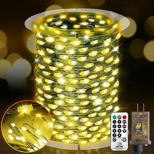 KNONEW 203FT Outdoor Christmas Fairy Lights Plug in,600 LED String Lights Outdoor Waterproof 8 Modes Memory Times for Wedding Bedroom Walls Garden Trees Decoration(Warm White)