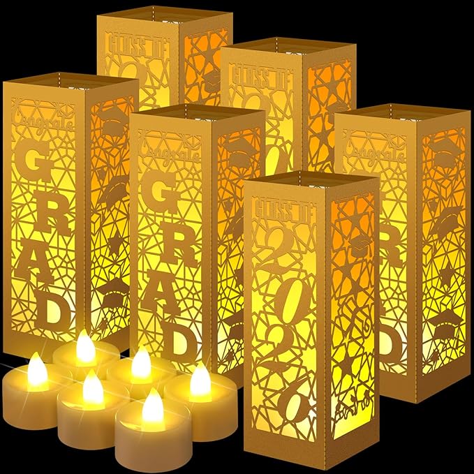 Rossesay 6 Pcs Graduation Table Centerpieces Boxes Class of 2026 Graduation Lanterns for Centerpieces with LED Candles Congrats Grad School College Photo Props for Party Table Decoration (Gold)