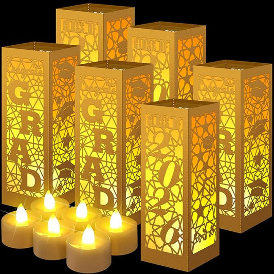 Rossesay 6 Pcs Graduation Table Centerpieces Boxes Class of 2026 Graduation Lanterns for Centerpieces with LED Candles Congrats Grad School College Photo Props for Party Table Decoration (Gold)
