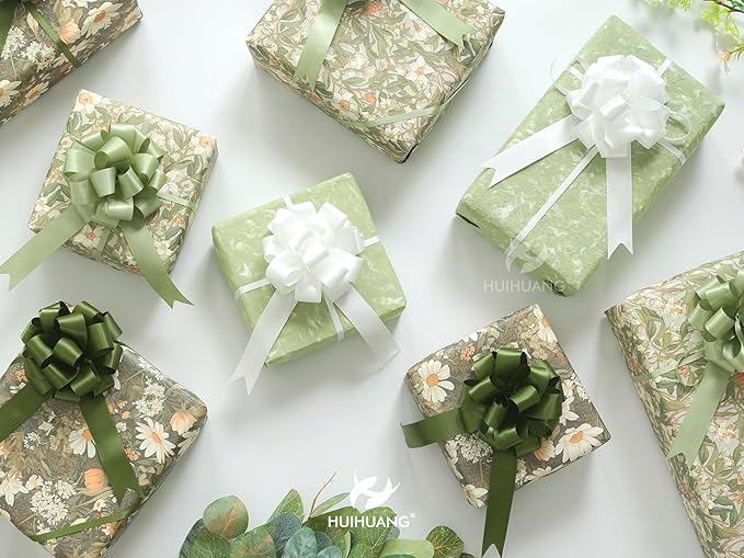 HUIHUANG White Pull Bows 12 PCS Christmas Gift Bows 4" x 8" White Satin Present Bow for Gift Wrapping, Gift Basket, Paper Bag, Wrapping Accessories, Wreaths, Wedding Christmas Decor