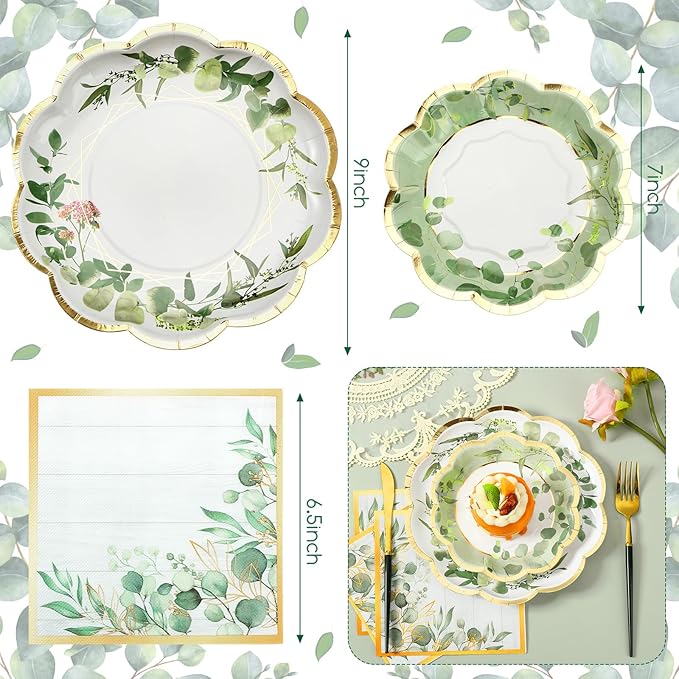 Tanlade 96 Pcs Sage Green Eucalyptus Theme Party Supplies Plates and Napkins Serve 24, Disposable Eucalyptus Paper Scalloped Dinner Plates 2 Ply Paper Napkins for Wedding Bridal Shower