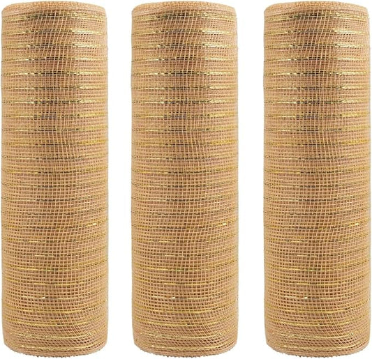3 Rolls Light Coffee Deco Mesh Ribbon for Wreath Making Supplies, 10 Inch x 30FT Metallic Foil Burlap Deco Mesh Fabric for DIY Crafts Fall Thanksgiving Christmas Wreath Swags and Decorating