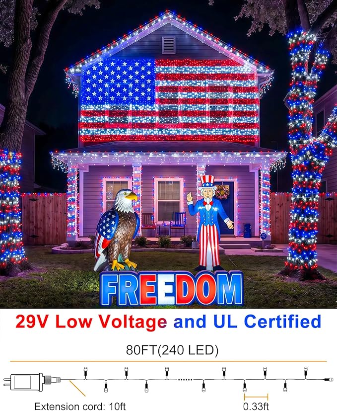 Red White and Blue String Lights, 80FT 240 LED 4th of July Lights Waterproof, Plug in 8 Modes Connectable Patriotic Fairy Light for Independence Day Indoor Patio Tree Party Decorations