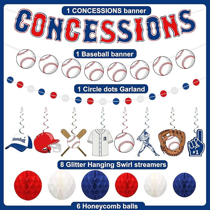 Baseball Party Decorations Pre-strung Concessions Baseballs Banner with Blue Red White Honeycomb Balls Baseball Theme Hanging Swirls Circle Dots Garland for Concessions Birthday Party Decor