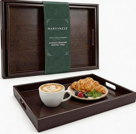 Dark Brown Bamboo Serving Tray Set of 2 with Handles, Nesting Wooden Trays for Serving Food & Drinks, Rectangular Coffee Table Ottoman Tray for Living Room Decor, Large 16.9” & Small 15.6”