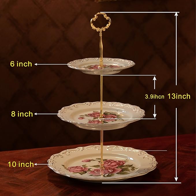 YOLIFE Red Rose Pattern 3 Tiered CupCake Stand, Emboss Golden Leaves Edge Porcelain 3 Tier Pastry Desert Fruit Stand