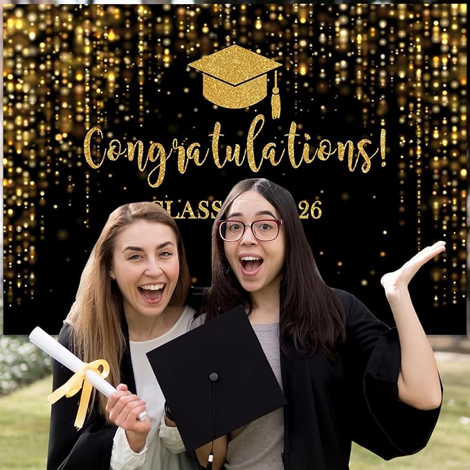 Mocsicka Class of 2026 Backdrop Black Gold Glitter Bokeh Graduation Party Background 2026 Congrats Grad Prom Party Cake Table Decoration Photo Booth Props (10x7ft)