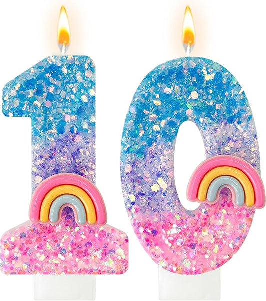 Rainbow Birthday Number Candles, Number 10 Candles, Cupcake Decorations, Macaron Birthday Cake Decorations, Cartoon Theme Party Supplies (Number 10)