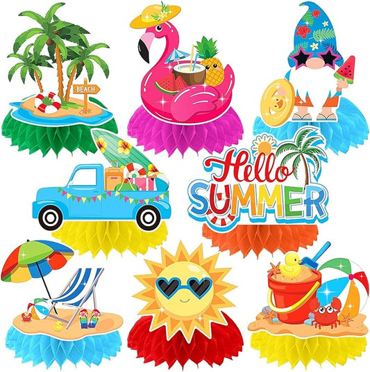 JULMELON 8PCS Summer Party Decorations Honeycomb Centerpiece, 3D Double Side Summer Beach Pool Party Table Toppers for Hawaiian Theme Party Decorations Hello Summer Beach Party Favors Supplies