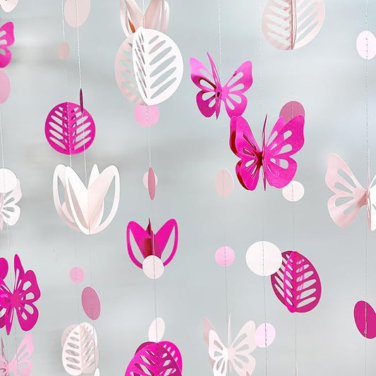 Spring Party Decorations Hot Pink White 3D Butterfly Tulip Flower Leaf Circle Dot Garland Hanging Paper Streamer for Pink Spring Summer Wedding Engagement Bridal Shower Birthday Tea Party Supplies