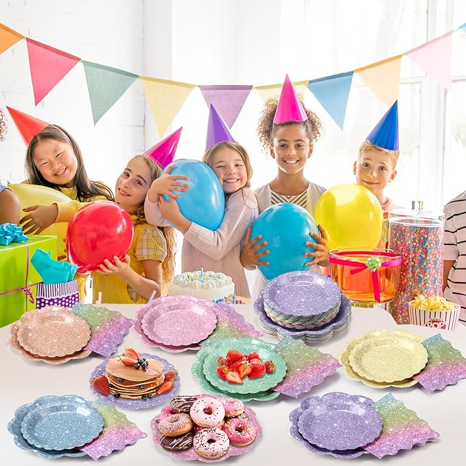 144 Pcs 48 Guests Pastel Glitter Party Plates and Napkins Pastel Scalloped Paper Plates Napkins Glitter Disposable Tableware for Birthday Bridal Baby Shower Wedding Decorations Party Supplies