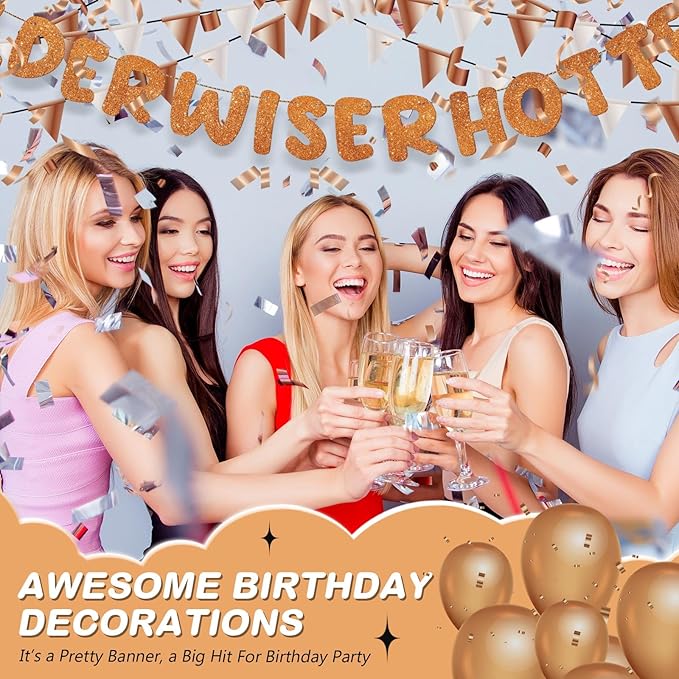 Fulmoon Set of 3 Pre Strung Older Wiser Hotter Glitter Banner Funny Birthday Banner for Women 30th 40th 50th 60th 70th 80th Birthday Party Decorations Sign Gift(Orange)