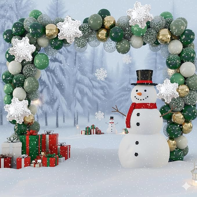 Winter Wonderland Balloon, Dark Sage Green Pastel Green White Metallic Gold Xmas Latex Balloons with Snowflake Foil Balloon for Christmas Winter Onederland Forest Birthday Baby Shower Decorations