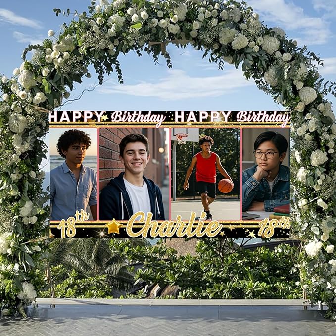 Personalized Happy Birthday Banner with Pictures, Custom Backdrop Decorations for Men Husband Him, Celebration Party Banner with Name for All Age Events