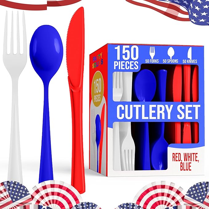 Party Solids Patriotic Plastic Silverware Heavy Duty 150 Pieces Patriotic Plastic Cutlery Sets, Utensil Sets, 50 Of Each Forks, Knives & Spoons Disposable Cutlery Set, Flatware Set For Party Supplies