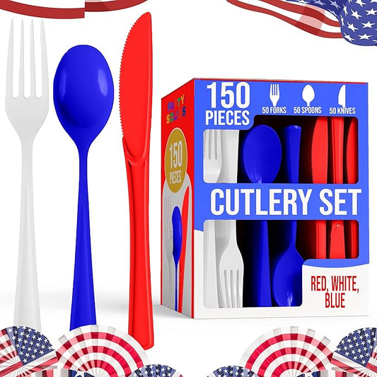 Party Solids Patriotic Plastic Silverware Heavy Duty 150 Pieces Patriotic Plastic Cutlery Sets, Utensil Sets, 50 Of Each Forks, Knives & Spoons Disposable Cutlery Set, Flatware Set For Party Supplies