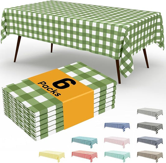 Smiry 6 Pack Sage Green Gingham Disposable Tablecloths - 54" x 108" Heavy Duty Plastic Table Cloth, Waterproof Buffalo Plaid Table Covers for Picnic, Banquets, Outdoor Parties
