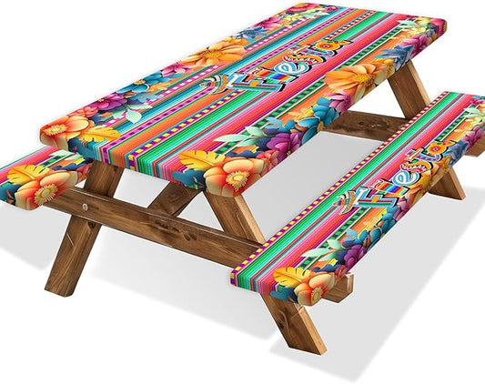 Mexican Fiesta Picnic Table Cover with Bench Covers, Cinco de Mayo Fiesta Waterproof Windproof, Camping Essentials, Fitted Tablecloth Cover with Elastic Edge, for Garden & Outdoor, 3 PCS, 30x72 Inch