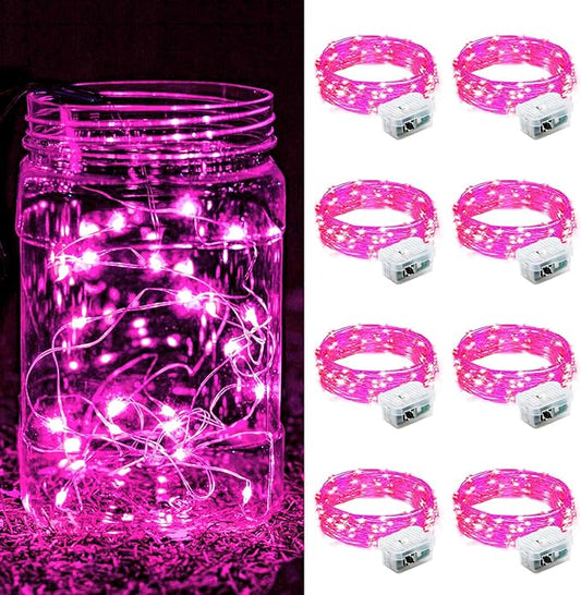 ZGWJ 8 Pack Fairy Lights Battery Operated, 7FT 20LED Mini Fairy String Lights Silver Wire 3 Modes for DIY, Parties, Wedding, Bedroom, Halloween Christmas Decoration- Pink