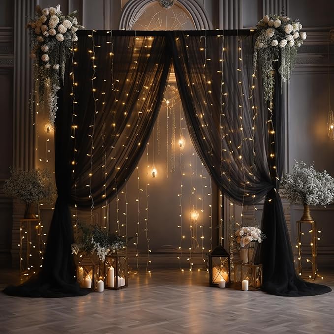 10x8ft Black Tulle Backdrop Curtain with Lights String for Parites, Sheer Photo Backdrop Curtains for Wedding Baby Shower Birthday Party Photo Shoot Decorations
