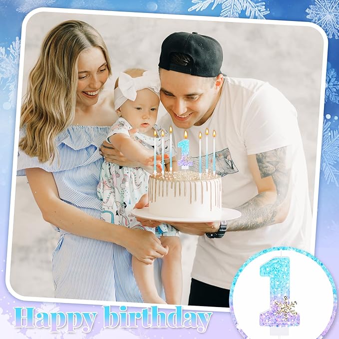 MTLEE Number 1 Birthday Candle Blue Snowflake with 6 Long Thin Cupcake Candles Blue Sparklers Glitter Number Happy Birthday Cake Topper Decorations for Winter Party Supplies