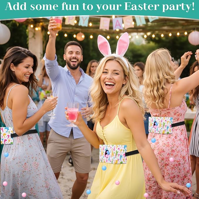 4 Sets Easter Party Games Swing Shaking Balls Game Colorful Bunny Novelty Twerk Game with 4 Adjustable Belts and 80 Balls for Adults Garden Outdoor Indoor Group Holiday