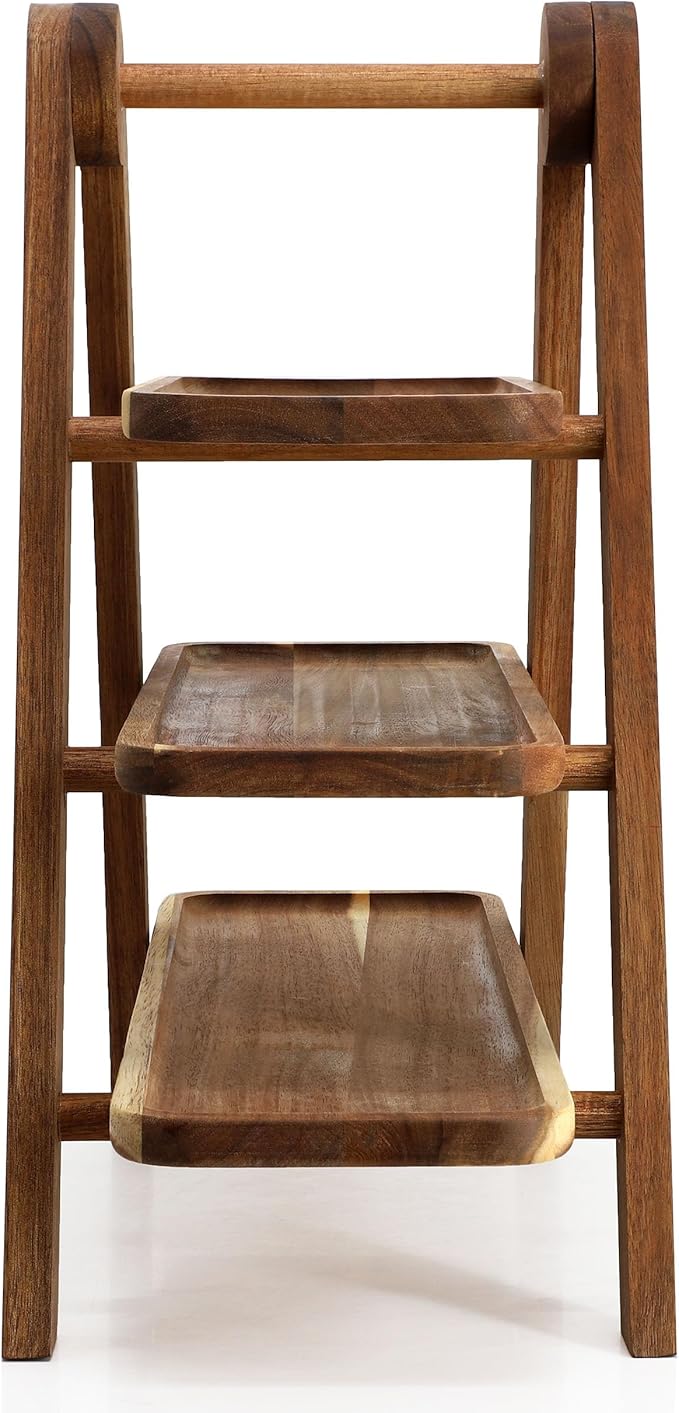 Elama Acacia Wood 3 Tiered Rectangular Ladder Tray Serving Set, Cupcake Tray, Serveware Set, Decorative