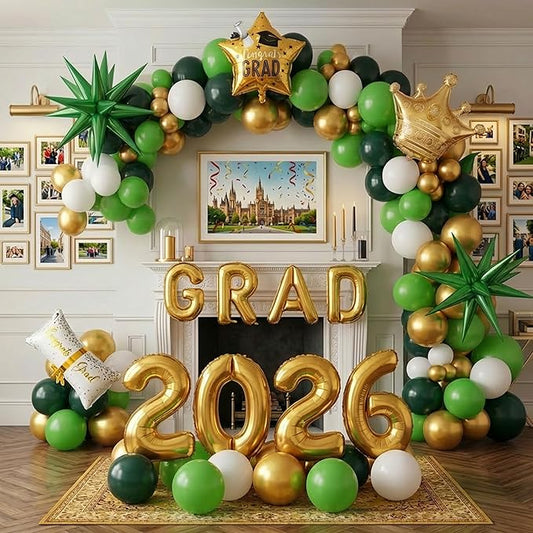 Green Themed Graduation Balloon Garland Arch Kit with Large foil Balloons for High School College students graduate class of 2026 Prom Congrats Party Decorations Backdrop (Dark green white gold)