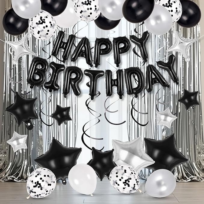 55 Pcs Happy Birthday Balloons Letters Banner with 35 Pcs Star Foil Balloons, 20 Pcs Latex Balloon, 6 Hanging Swirls for Women Men Boys Girls Birthday Party Decorations Set ﻿ (Black)