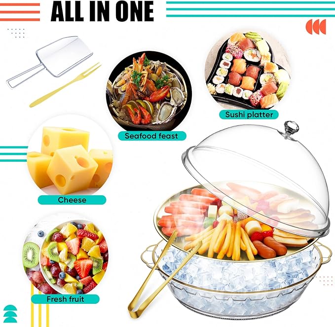 Baderke 11.8" Chilled Serving Tray for Parties with Compartments and lid Ice Chilled Party Platter Charcuterie Serving Board Cold Dish Dip for Fruit Seafood Vegetable Shrimp Cocktail (Gold,2 Pcs)