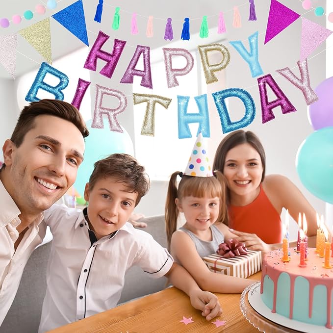 Mindsoft 5 Pcs Pre-strung Unicorn Glitter Happy Birthday Banner Set, Felt Happy Birthday Garland with Ball Garland, Pennant Flags and Tassels, Birthdays Party Decorations for Kids and Adults