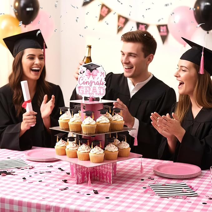 Haooryx Pink Bow Graduation Cupcake Stand - 3 Tier Graduation Hat Tie Cupcake Tower Cardboard Dessert Stand Candy Dount Dessert Holder for College High School Congrats Grad Party Decoration Supplies