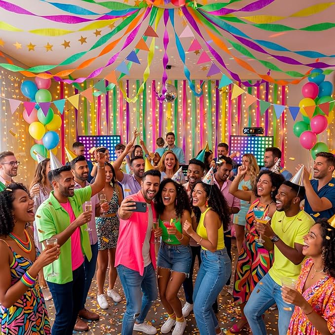 Frienda 14 Pcs Rainbow Party Decorations Set 492 ft Colorful Crepe Paper Streamers, 52.8ft Gold Star Garlands Backdrop and 4 Pennant Banner Flags for Wedding Birthday Fancy Party Hanging Decorations