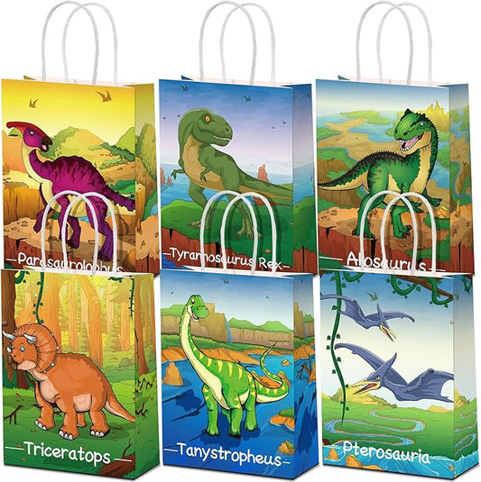Pajean 24 Pcs Dinosaur Candy Bags with Handle, Dinosaur Party Favor Paper Bags Kids Gifts Goodie Treat Wrapping for Boys Girls Dino Theme Birthday Baby Shower Party Supplies(Cute Style)