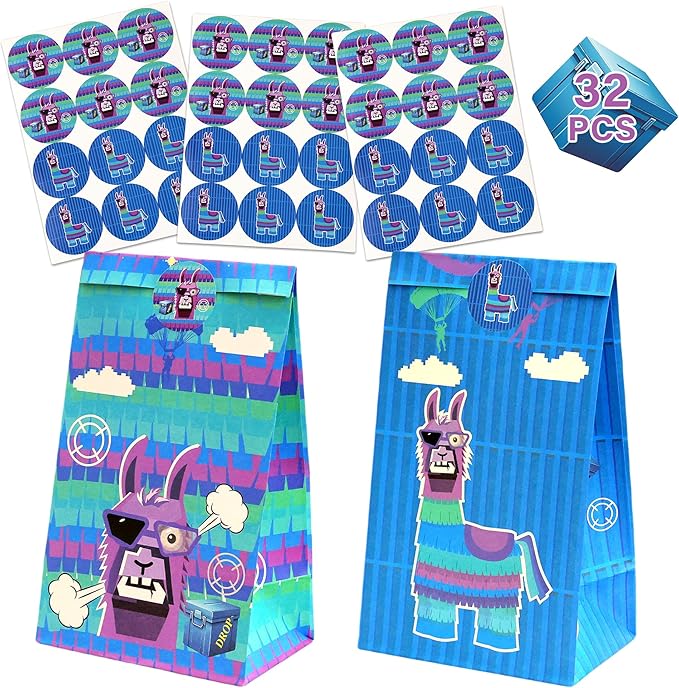 Haxpacal Video Game Party Gift Bags 32pcs Llama Themed Birthday Treat Bags for Video Game Llama Party Paper Bag Candy Snack Box Supplies, 8.6x4.7x3.2 in