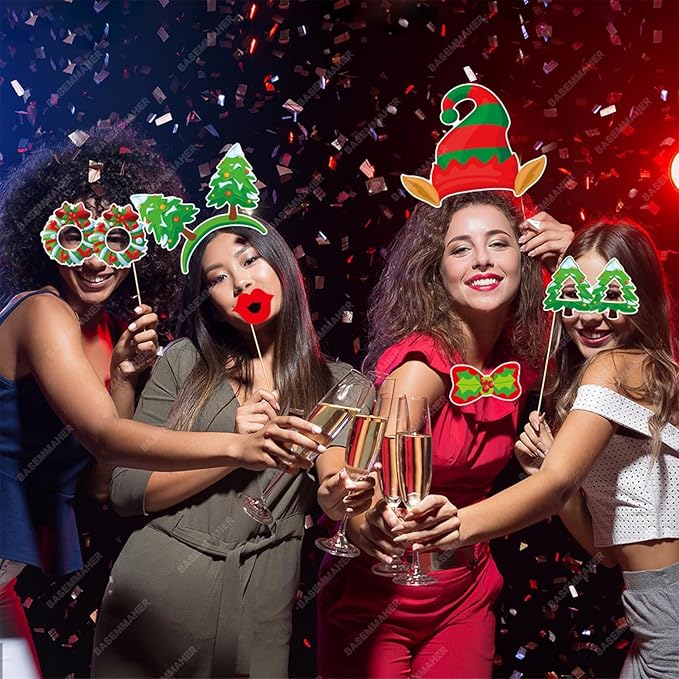 32Pcs Christmas Photo Booth Props Xmas Props for Photoshoot Fun Santa Claus Snowman Elk Glasses Beard Selfie Posing Signs Accessories for Birthday New Year Holiday Photography Decor