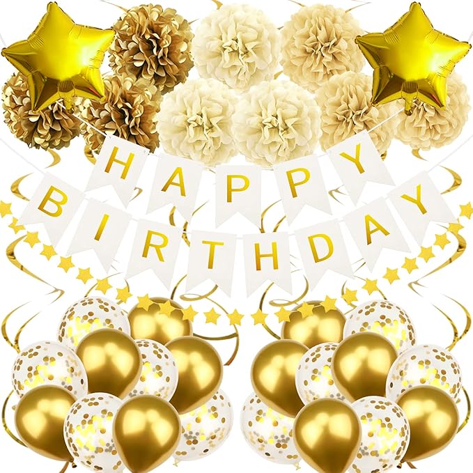 Gold Birthday Party Decorations - Banner, Pompoms, Confetti, Balloons, Garland for Boys, Girls, Women, Men's 6th to 70th Birthday