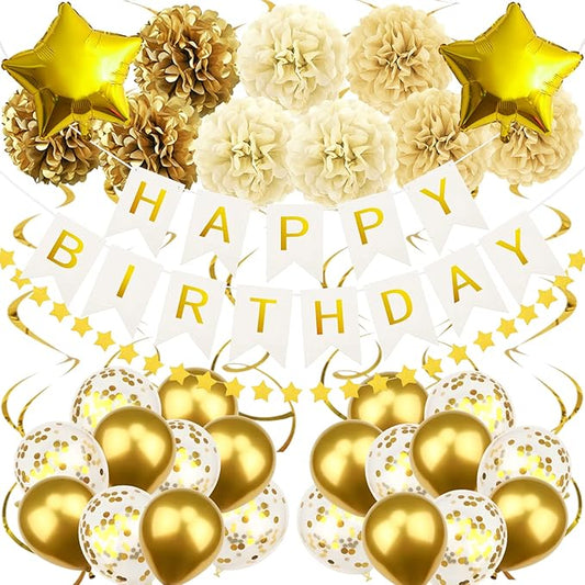 Gold Birthday Party Decorations - Banner, Pompoms, Confetti, Balloons, Garland for Boys, Girls, Women, Men's 6th to 70th Birthday