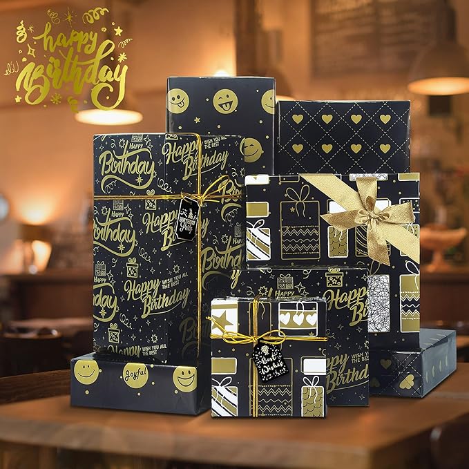 Larcenciel Birthday Wrapping Paper, Gift Wrapping Paper set, Black Gold Design w/Jute Twine and Gift tag, Gift Wraps for Birthday, Valentines, Christmas, Graduation, Baby Shower,4 Sheets 27.5x19.6inch