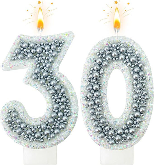 30 Birthday Number Candle for Cake, Glitter Number Candle with Silver Beads, Decorative Cake Topper for Milestone Celebrations
