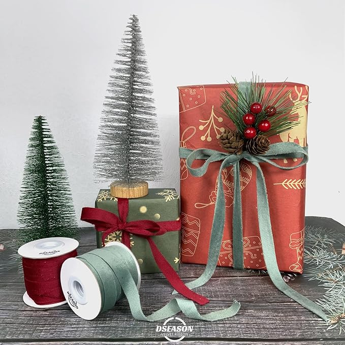 Velvet Ribbon Set 3/8" x 10 Yards, 2 Rolls 20 Yards, Dseason Handmade Dusty Green Velvet Ribbon Set for Gift Wrapping & Bow Making, Christmas Tree, Wreath Decoration, DIY Crafts Decoration