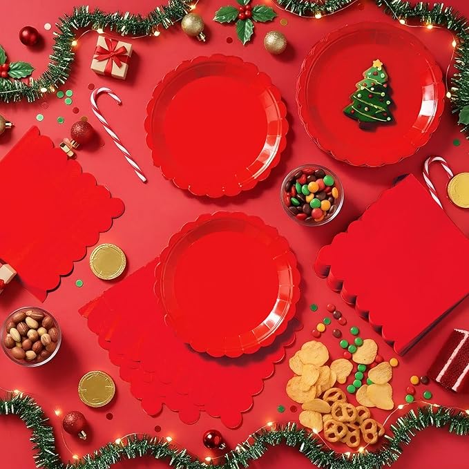 120 Pcs Red Paper Plates and Napkins Party Supplies Bulk Christmas Disposable 7 Inch Scalloped Plates Cocktail Napkins for Xmas Wedding Baby Shower Birthday Decorations, Serve 60 Guests