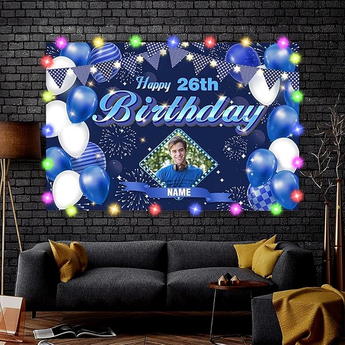 Custom Navy Blue Happy Birthday Decorations Backdrop, Personalized Glitter Sign, Banner, Party Supplies Photo Background for Children, Men, Women