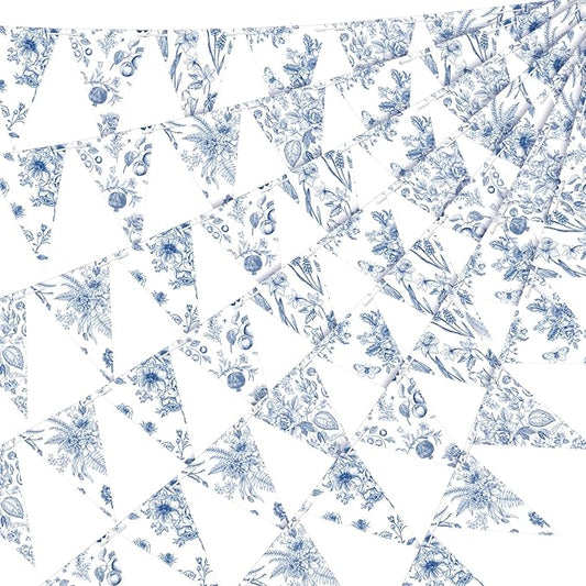 5 Pieces Blue White Vintage Floral Paper Pennant Garland Wedding Garland Triangle Banner for Wedding Bridal Shower Outdoor Decoration