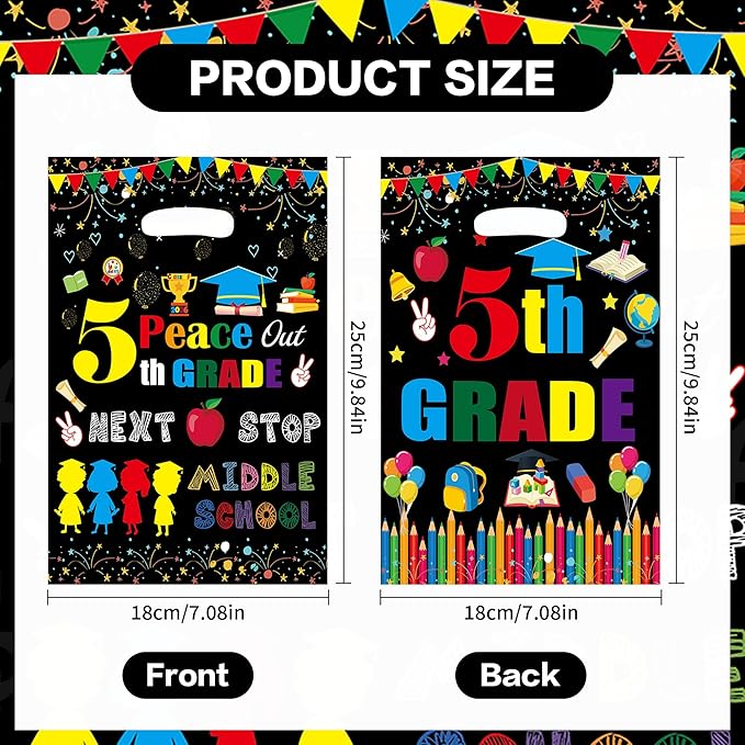 MOIZYNG 50Pcs 5th Grade Graduation Gift Bags with Handles, Peace Out 5th Grade Next Stop Middle School Plastic Snack Treat Goodie Bags for Fifth Grade Graduation Party Favors Supplies